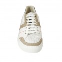 Men's sports laced shoe in blue and white leather, white pierced leather and beige suede  - Available sizes:  38, 46