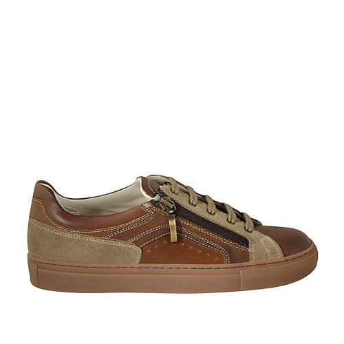 Men's laced shoe with zipper and removable insole in brown and tan leather and taupe suede - Available sizes:  37, 47, 48