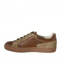 Men's laced shoe with zipper and removable insole in brown and cognac leather and taupe suede - Available sizes:  37, 47