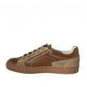 Men's laced shoe with zipper and removable insole in brown and tan leather and taupe suede - Available sizes:  37, 47, 48