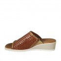 Woman's open mule with elastic band in braided cognac brown leather wedge heel 4 - Available sizes:  43