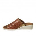Woman's open mule with elastic band in braided tan brown leather wedge heel 4 - Available sizes:  43