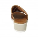 Woman's open mule with elastic band in braided cognac brown leather wedge heel 4 - Available sizes:  43