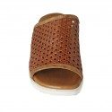 Woman's open mule with elastic band in braided cognac brown leather wedge heel 4 - Available sizes:  43