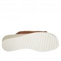 Woman's open mule with elastic band in braided cognac brown leather wedge heel 4 - Available sizes:  43