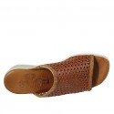 Woman's open mule with elastic band in braided cognac brown leather wedge heel 4 - Available sizes:  43