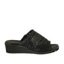 Woman's open mule with elastic band in braided black leather wedge heel 4 - Available sizes: 43