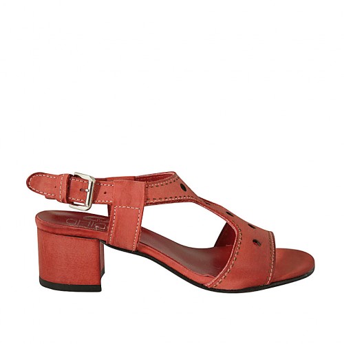 Woman's sandal in red pierced leather heel 4 - Available sizes:  44