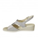 Woman's sandal in grey and silver laminated printed suede with multicolored accessory wedge heel 4 - Available sizes:  43