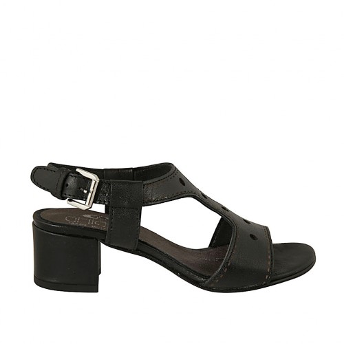Sandale pour femmes en cuir perforé noir talon 4 - Pointures disponibles:  32, 43