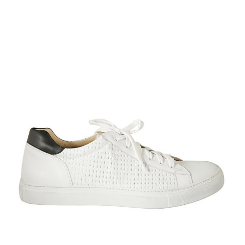Scarpa stringata da uomo con plantare estraibile in pelle e pelle  intrecciata bianca e nera