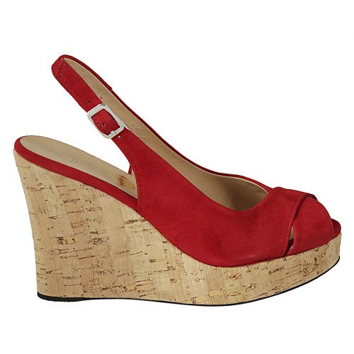 Woman's sandal in red suede wedge heel 10 - Available sizes:  31, 42