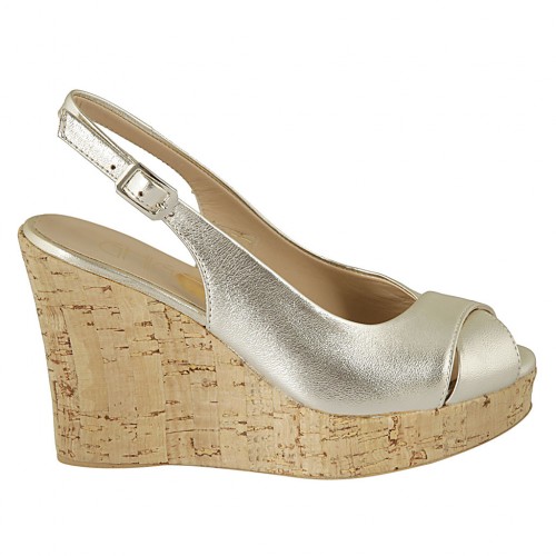 Woman's sandal in platinum laminated leather wedge heel 10 - Available sizes:  42