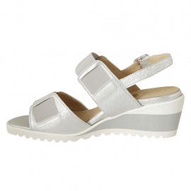 Woman's sandal with elastic bands in silver laminated leather wedge heel 5 - Available sizes:  31 2