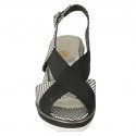 Sandale pour femmes en cuir imprimé noir et lamé argent avec elastique talon compensé 6 - Pointures disponibles:  42