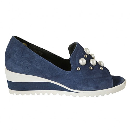 Woman's open shoe with pearls and studs in blue suede wedge heel 4 - Available sizes:  34