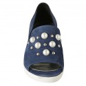 Offener Damenschuh mit Perlen und Nieten aus blauem Wildleder Keilabsatz 4 - Verfügbare Größen:  32, 33, 34, 42, 43, 44, 45