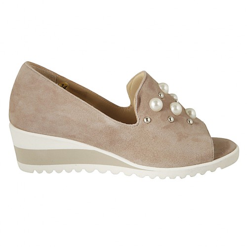 Woman's open shoe with pearls and studs in rose suede wedge heel 4 - Available sizes:  34, 43
