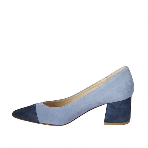 Zapato de salon para mujer en gamuza azul y azul claro tacon 5