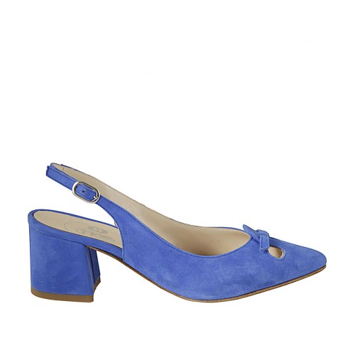 Woman's slingback pump with bow in cornflower blue suede heel 5