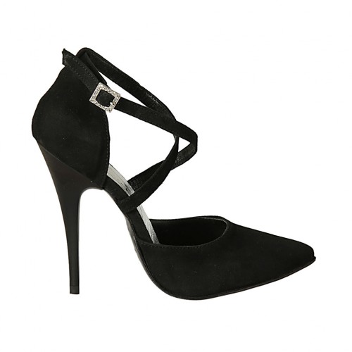 Woman's open shoe with crossed strap in black suede heel 11