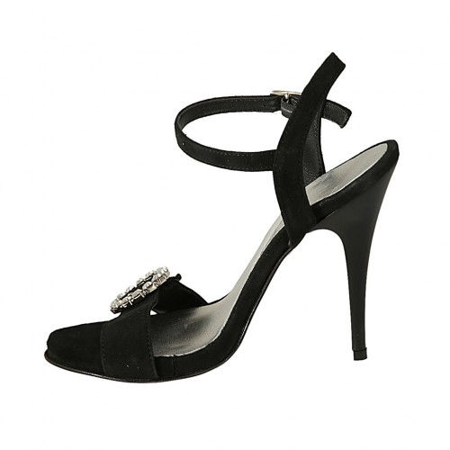 Woman's platform sandal with buckle, strap and rhinestones in black suede  heel 10