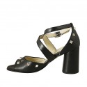 Woman's open shoe with crossed strap and studs in black leather heel 7 - Available sizes:  32, 43