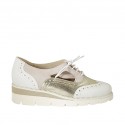 Woman's laced Oxford shoe with sidecuts in rose suede and white and platinum leather wedge heel 4 - Available sizes:  43