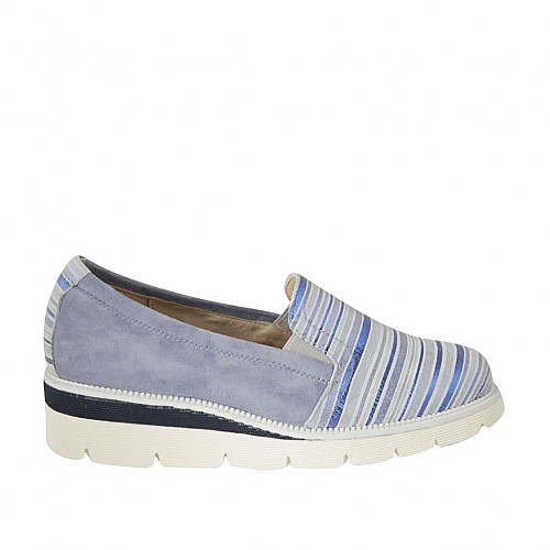 Chaussure pour femmes avec elastiques en daim bleu clair et daim imprimé rayé bleu, bleu clair et blanc talon compensé 4 - Pointures disponibles:  43