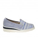 Woman's highfronted shoe with elastic bands in light blue suede and blue, light blue and white striped printed suede wedge 4 - Available sizes:  43