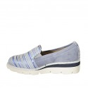 Zapato para mujer con elasticos en gamuza azul claro y gamuza imprimida a rayas azul, azul claro y blanca cuña 4 - Tallas disponibles:  43