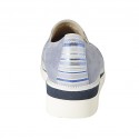 Woman's highfronted shoe with elastic bands in light blue suede and blue, light blue and white striped printed suede wedge 4 - Available sizes:  43
