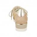 Woman's laced shoe in beige suede, laminated leather and platinum gold glittered fabric wedge heel 3 - Available sizes:  42