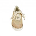 Woman's laced shoe in beige suede, laminated leather and platinum gold glittered fabric wedge heel 3 - Available sizes:  42