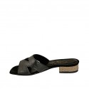 Woman's open mules in black laminated leather and beige platinum fabric heel 2 - Available sizes:  32, 42