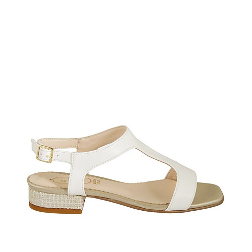 Sandalia para mujer en piel blanca y tejido tacon 2