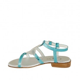 Woman's sandal with rhinestones in light blue laminated and printed leather heel 2 - Available sizes:  32 2