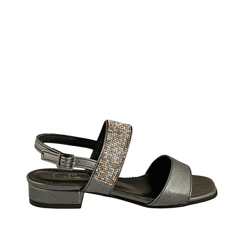 Sandalo da donna in pelle laminata grigia con strass colorati tacco 2 - Misure disponibili: 32, 33, 34, 42, 43, 44, 45, 46