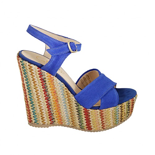 Woman's strap sandal with platform in cornflower blue suede and multicolored fabric wedge heel 12 - Available sizes:  42