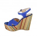Woman's strap sandal with platform in cornflower blue suede and multicolored fabric wedge heel 12 - Available sizes:  42