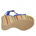 Woman's strap sandal with platform in cornflower blue suede and multicolored fabric wedge heel 12 - Available sizes:  42