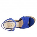 Woman's strap sandal with platform in cornflower blue suede and multicolored fabric wedge heel 12 - Available sizes:  42