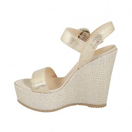 Woman's strap sandal with platform in platinum laminated printed suede wedge heel 12 - Available sizes:  43 2