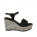 Woman's strap platform sandal in black leather and grey fabric wedge heel 9 - Available sizes:  42, 43