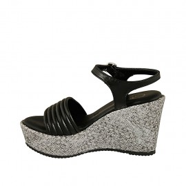 Woman's strap platform sandal in black leather and grey fabric wedge heel 9 - Available sizes:  42, 43 2
