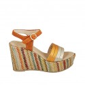 Woman's strap sandal with platform in orange suede, orange and platinum laminated leather and multicolored fabric wedge heel 9 - Available sizes:  42, 43, 44