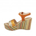Woman's strap sandal with platform in orange suede, orange and platinum laminated leather and multicolored fabric wedge heel 9 - Available sizes:  42, 43, 44