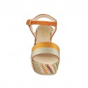 Woman's strap sandal with platform in orange suede, orange and platinum laminated leather and multicolored fabric wedge heel 9 - Available sizes:  42, 43, 44