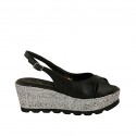 Woman's sandal in black leather and grey fabric wedge heel 6 - Available sizes:  42