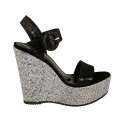 Woman's strap sandal with platform in black laminated printed suede and grey fabric wedge heel 12 - Available sizes:  43